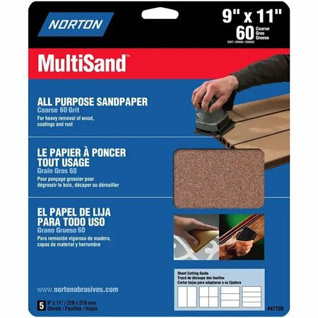 NORTON CO 9" x 11" MultiSand All Purpose Sanding Sheet 60-Grit, PK 5 47750